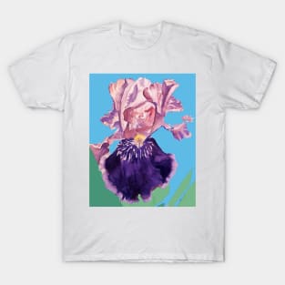 Iris Watercolor Painting - Glorious Purple on Blue T-Shirt